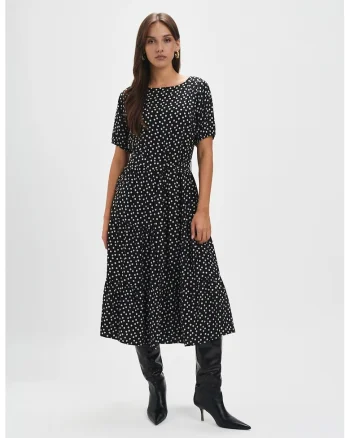 Rochie midi stratificata cu cordon in talie, Alb/Negru