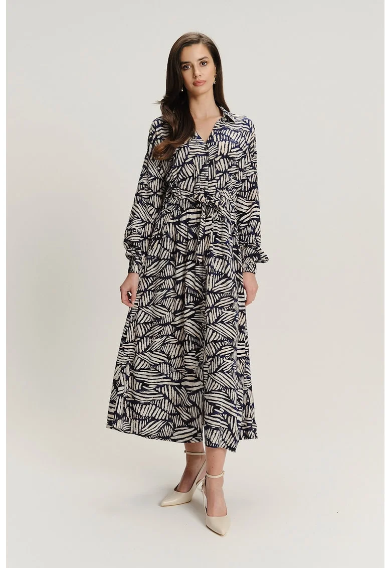 Rochie-camasa din amestec de modal si model, Alb fildes/Albastru inchis
