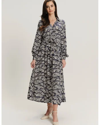 Rochie-camasa din amestec de modal si model, Alb fildes/Albastru inchis