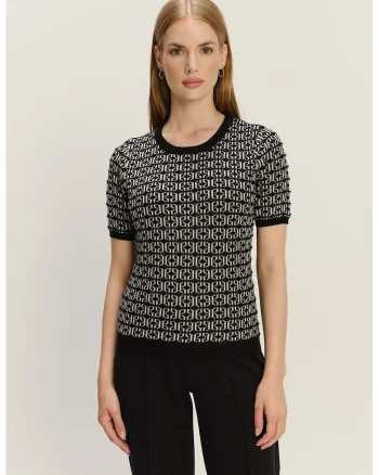 Pulover cu imprimeu grafic, Alb fildes/Negru