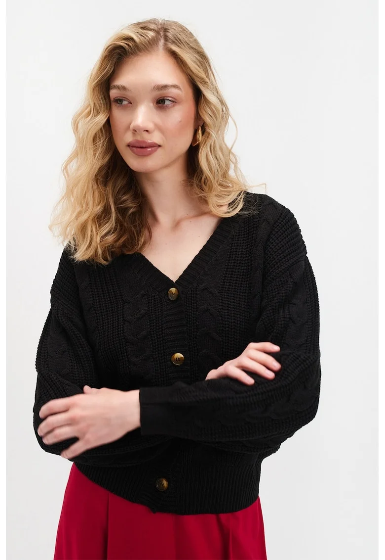 Cardigan cu decolteu in V si nasturi, Negru