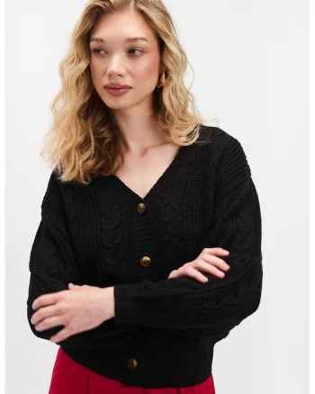 Cardigan cu decolteu in V si nasturi, Negru