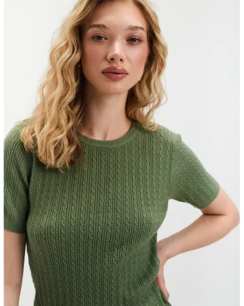 Pulover cu model torsade si maneci scurte, Verde sparanghel