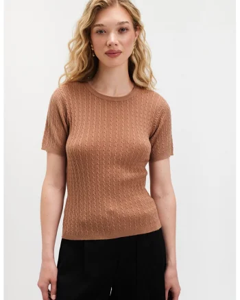 Pulover cu model torsade si maneci scurte, Maro deschis