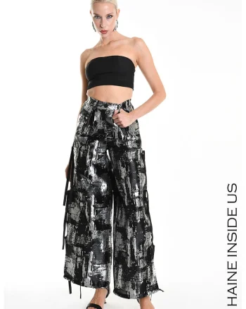 Pantaloni pantaloni largi, cu decupaje laterale, Negru,