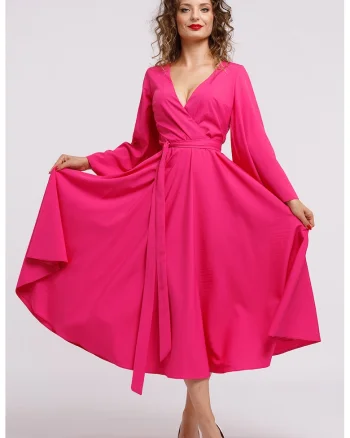 Rochie cu croiala petrecuta si decolteu in V, Fucsia