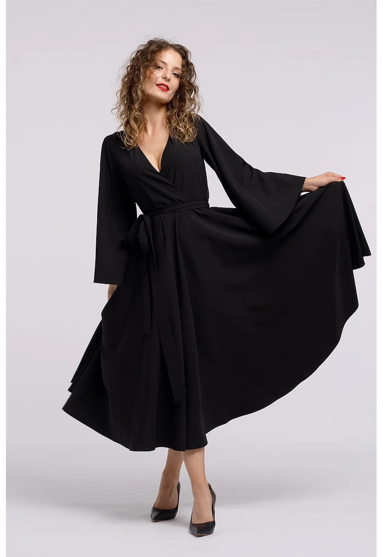 Rochie cu croiala petrecuta si decolteu in V, Negru