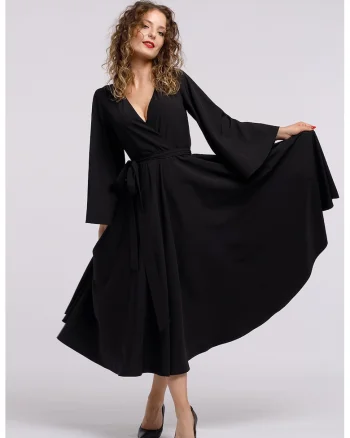 Rochie cu croiala petrecuta si decolteu in V, Negru