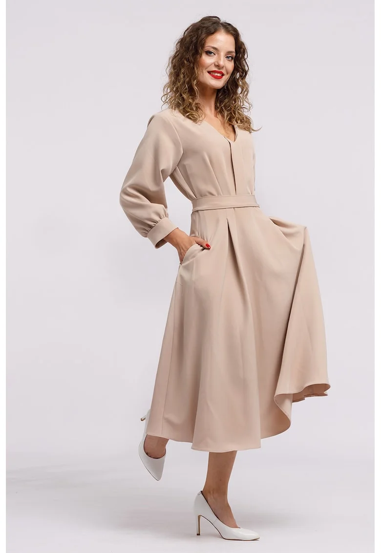 Rochie midi cu croiala in A si buzunare, Maro nisip