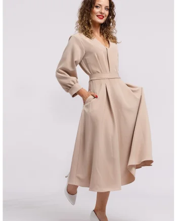 Rochie midi cu croiala in A si buzunare, Maro nisip