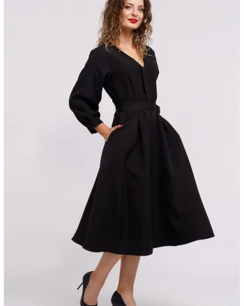 Rochie midi cu croiala in A si buzunare, Negru