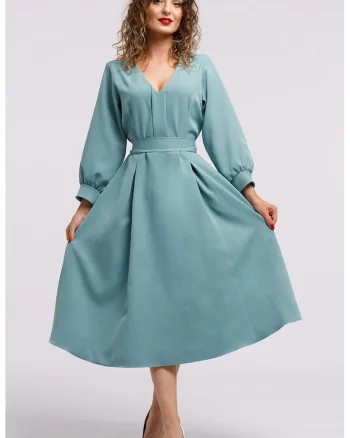 Rochie midi cu croiala in A si buzunare, Albastru petrol