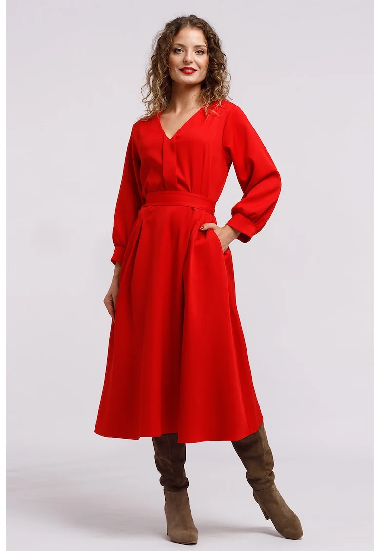 Rochie midi cu croiala in A si buzunare, Rosu
