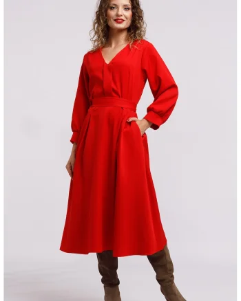 Rochie midi cu croiala in A si buzunare, Rosu