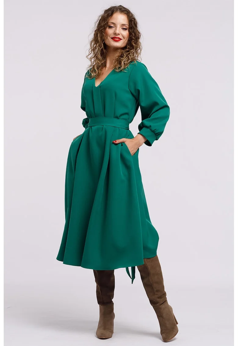 Rochie midi cu croiala in A si buzunare, Verde aquamarin