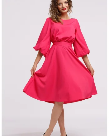 Rochie midi evazata cu cordon, Fucsia