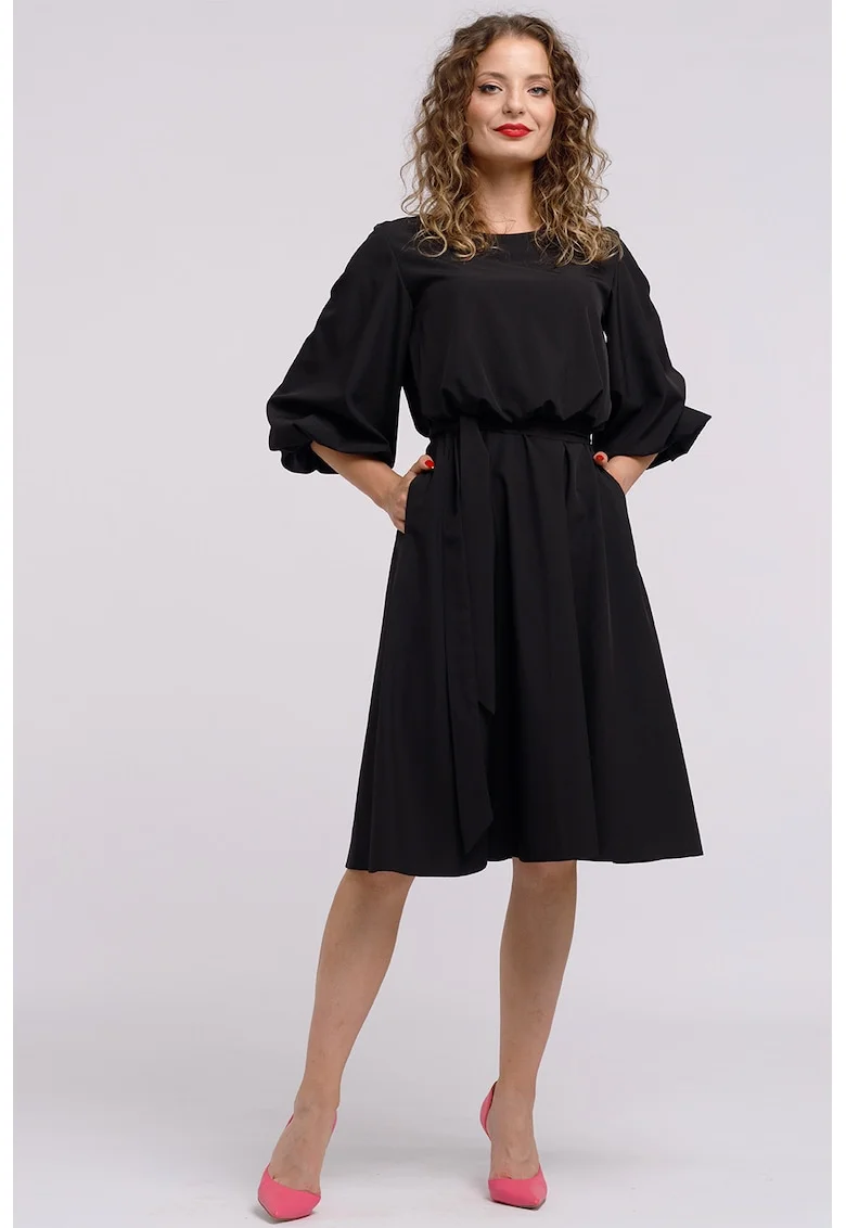 Rochie midi evazata cu cordon, Negru