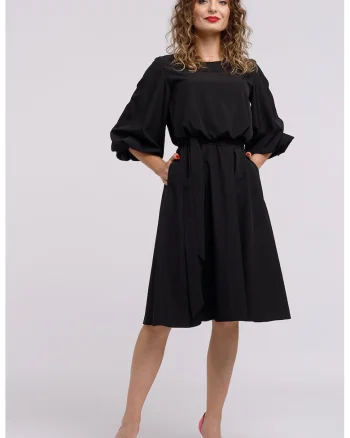 Rochie midi evazata cu cordon, Negru