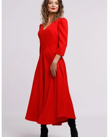 Rochie cu croiala in A si maneci bufante, Rosu