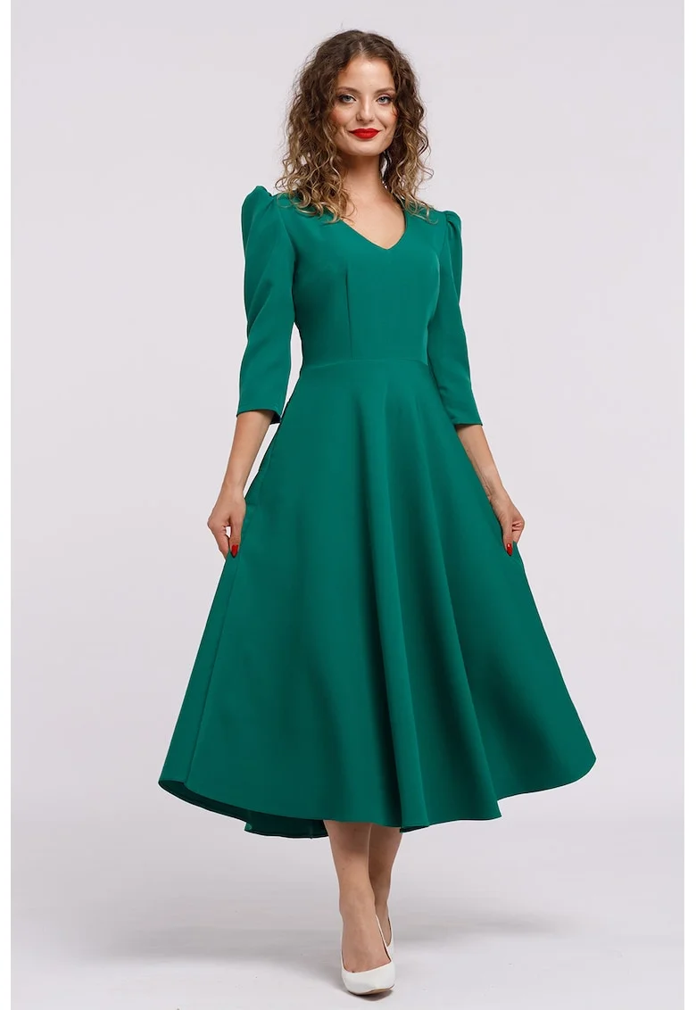 Rochie cu croiala in A si maneci bufante, Verde aquamarin