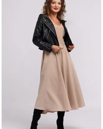 Rochie cu croiala in A si maneci bufante, Maro nisip