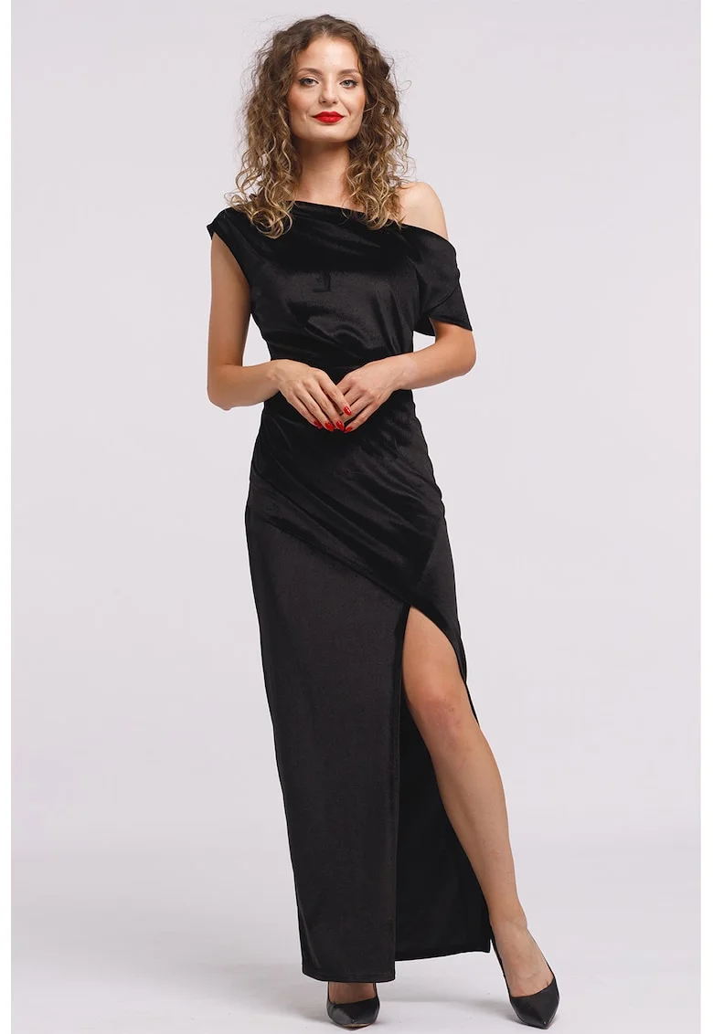 Rochie maxi catifelata cu decolteu pe un umar si slit frontal, Negru