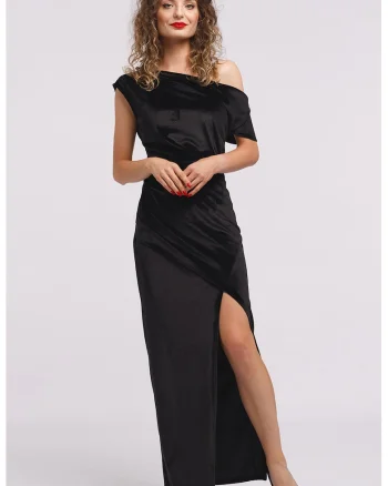Rochie maxi catifelata cu decolteu pe un umar si slit frontal, Negru