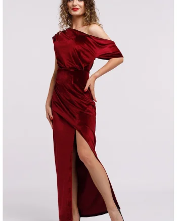 Rochie maxi catifelata cu decolteu pe un umar si slit frontal, Rosu inchis