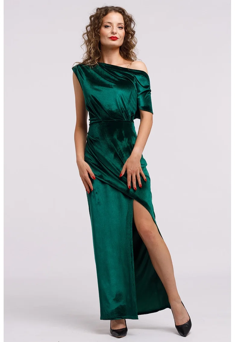 Rochie maxi catifelata cu decolteu pe un umar si slit frontal, Verde englez