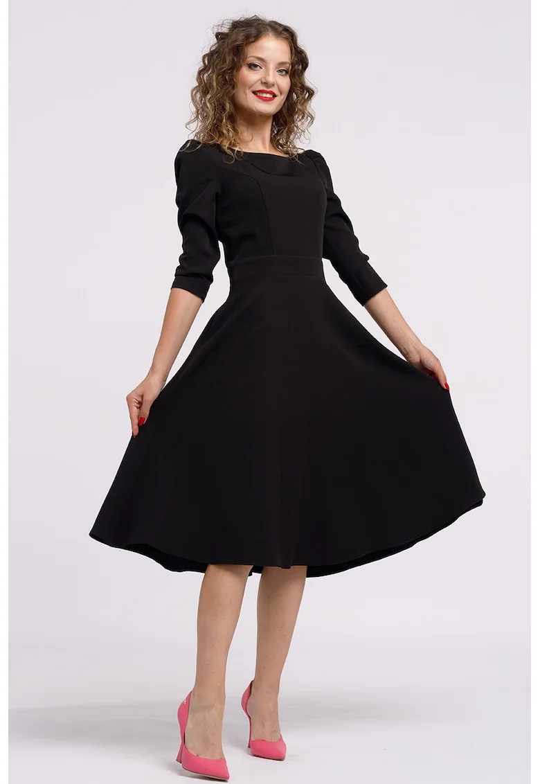 Rochie midi evazata cu fermoar, Negru