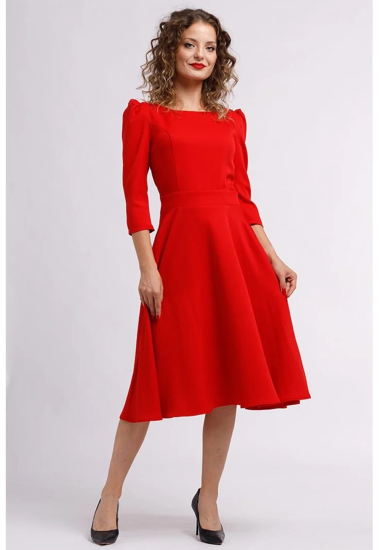Rochie midi evazata cu fermoar, Rosu