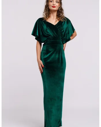 Rochie maxi catifelata cu decolteu in V, Verde inchis