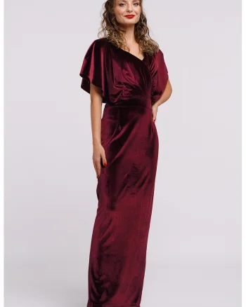 Rochie maxi catifelata cu decolteu in V, Visiniu