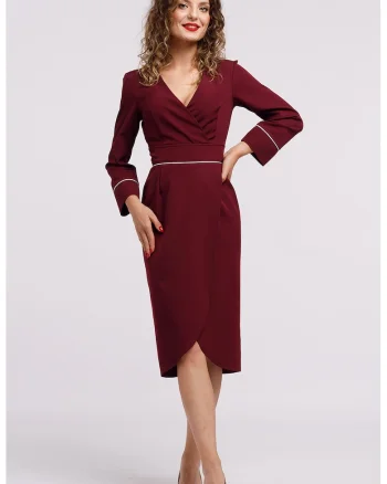 Rochie midi cu croiala creion si decolteu in V, Rosu inchis