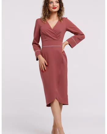 Rochie midi cu croiala creion si decolteu in V, Roz inchis