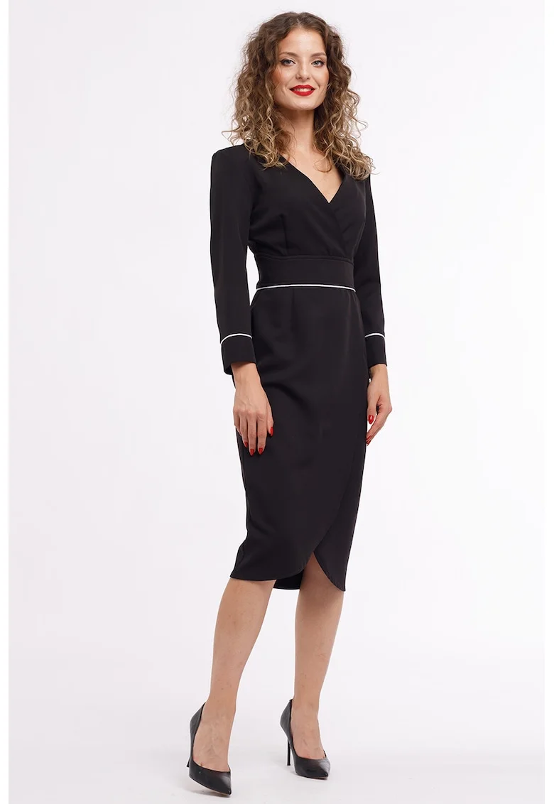 Rochie midi cu croiala creion si decolteu in V, Negru