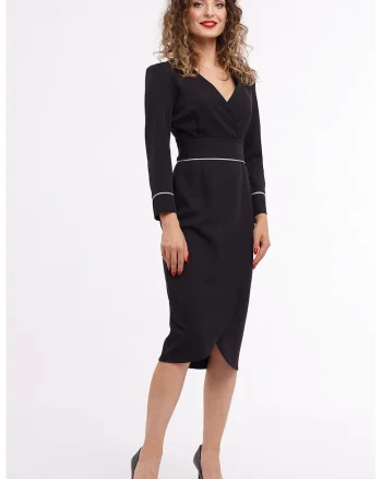 Rochie midi cu croiala creion si decolteu in V, Negru