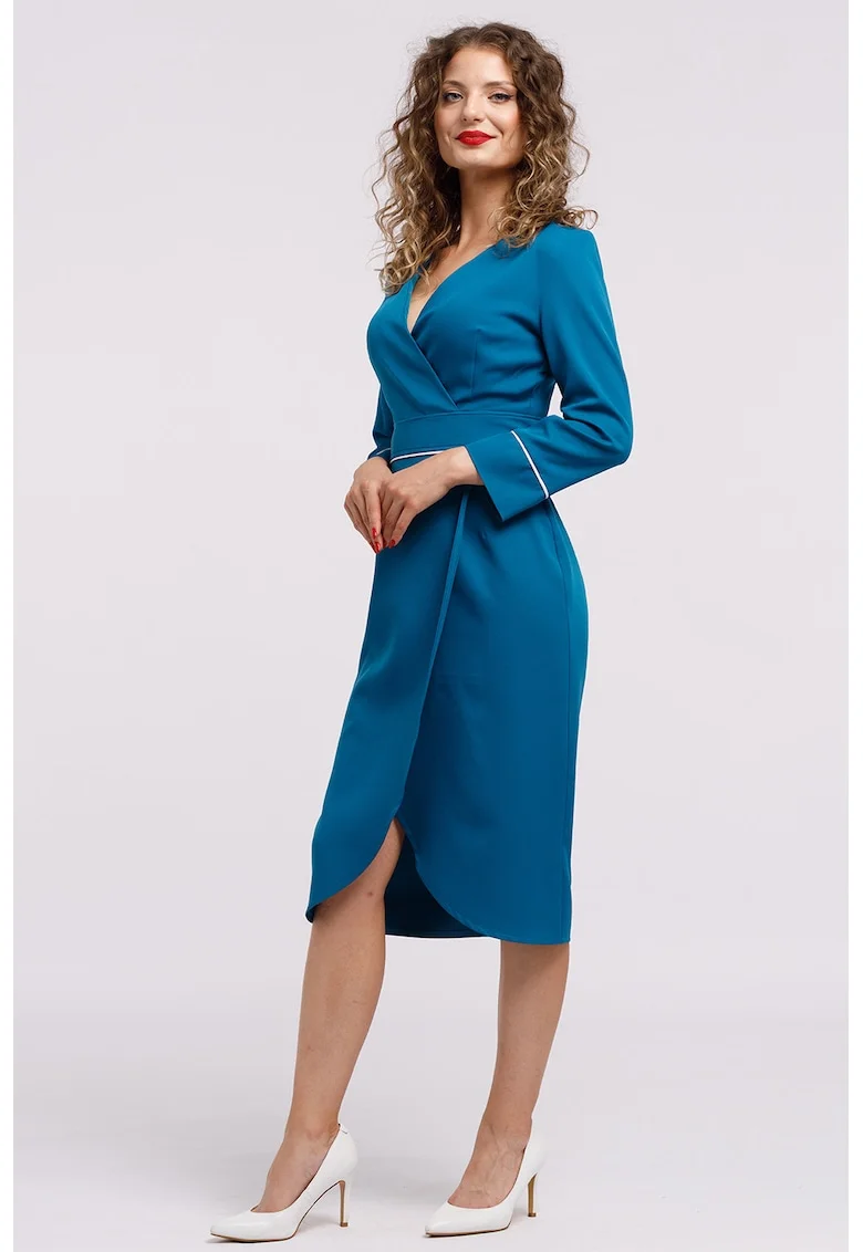 Rochie midi cu croiala creion si decolteu in V, Albastru inchis