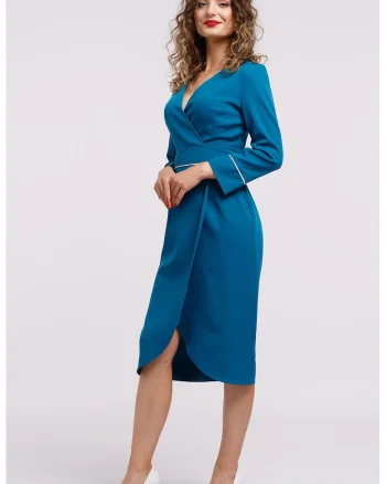Rochie midi cu croiala creion si decolteu in V, Albastru inchis