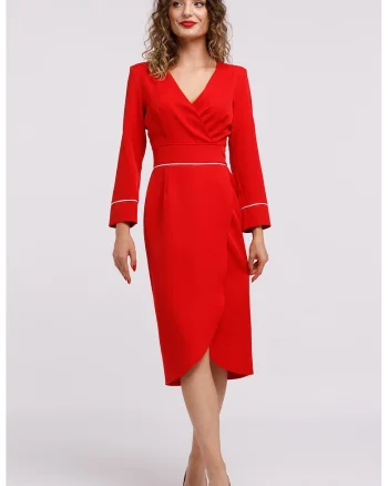 Rochie midi cu croiala creion si decolteu in V, Rosu