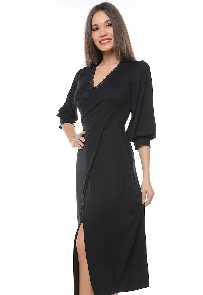 Rochie midi cu decolteu in V si slit frontal, Negru