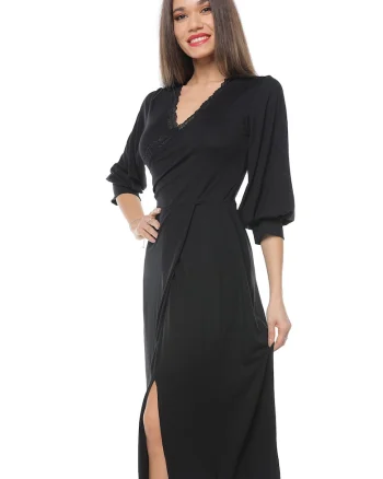 Rochie midi cu decolteu in V si slit frontal, Negru
