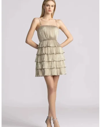 Rochie mini cu volane si bretele reglabile, Auriu