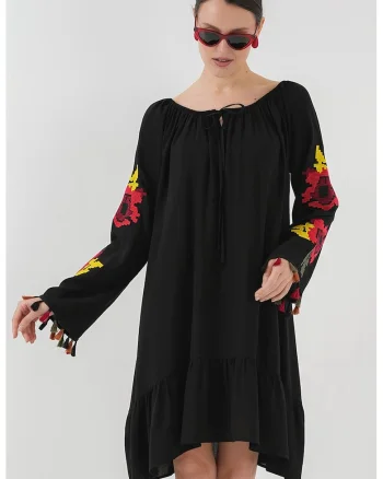 Rochie midi brodata dama, HiCCUP, cu volane, poliester/viscoza, multicolor
