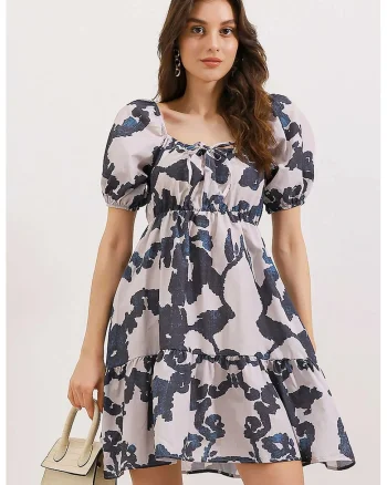 Rochie mini dama, HiCCUP, forma A, decolteu patrat, bumbac/poliester, bleumarin/alb