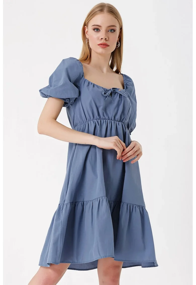 Rochie mini dama, HiCCUP, forma A, decolteu patrat, bumbac/poliester, albastru indigo
