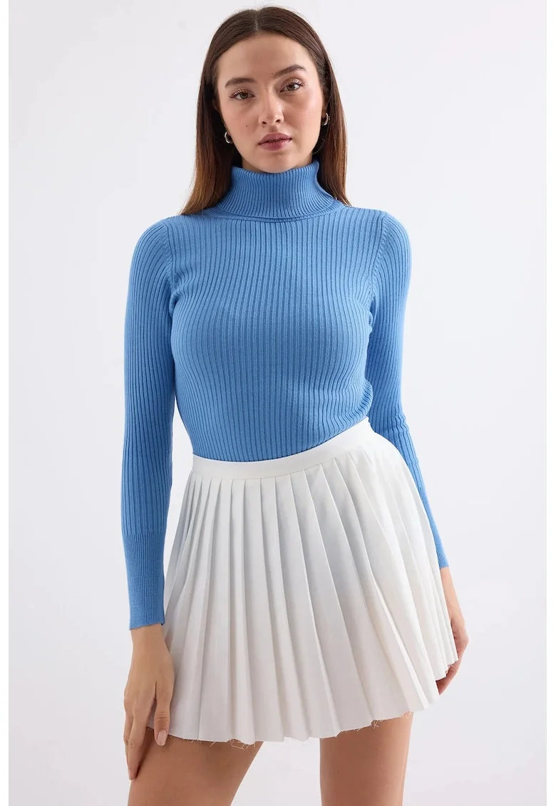 Pulover dama HiCCUP, texturat, guler inalt, albastru, tricot acrilic