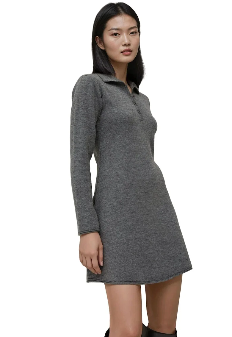 Rochie dama,  guler polo, gri, tricot