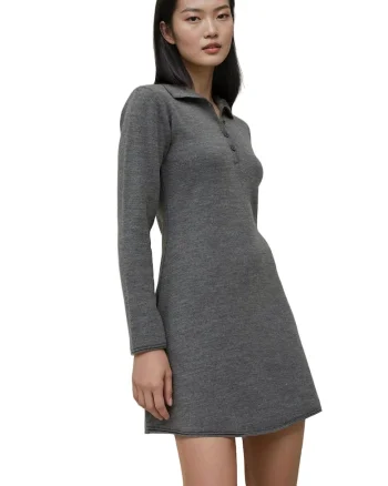 Rochie dama,  guler polo, gri, tricot