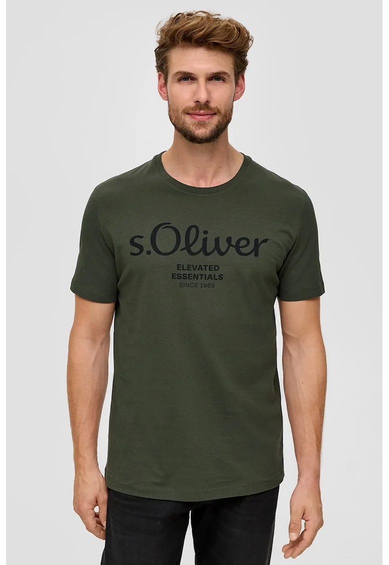 Tricou de bumbac cu imprimeu logo, Negru/Verde inchis